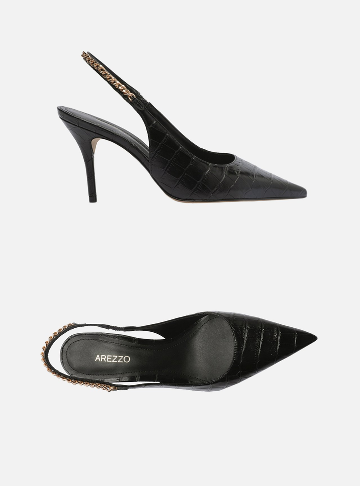 Scarpin Preto Arezzo Croco Bico Fino Slingback Corrente