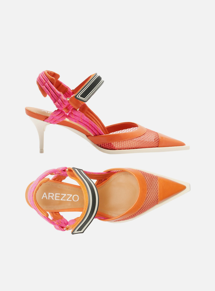 Scarpin Laranja Tela Salto Baixo Slingback Cordão