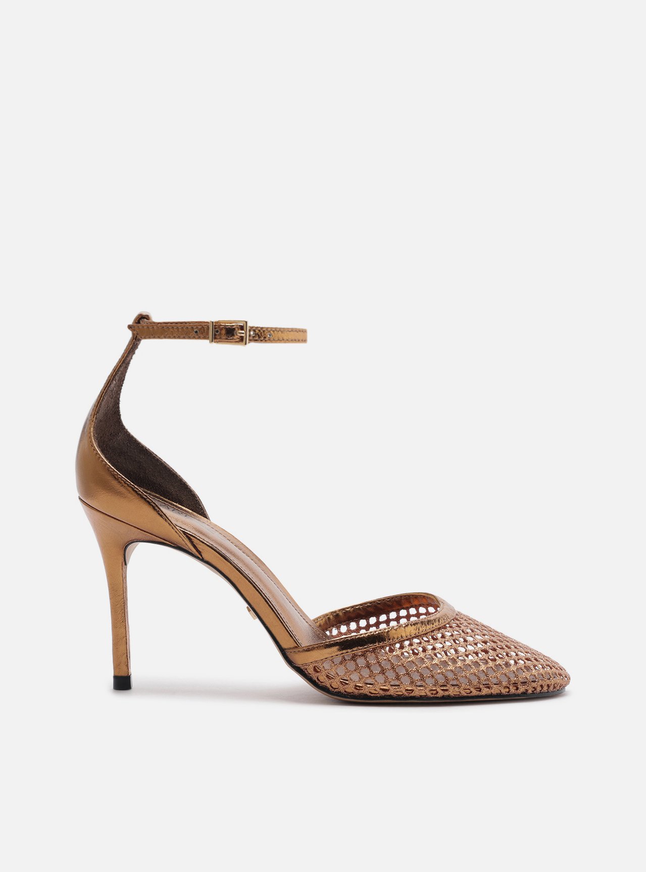 Scarpin Bronze Salto Alto Fino Aberto Tela | ZZ MALL