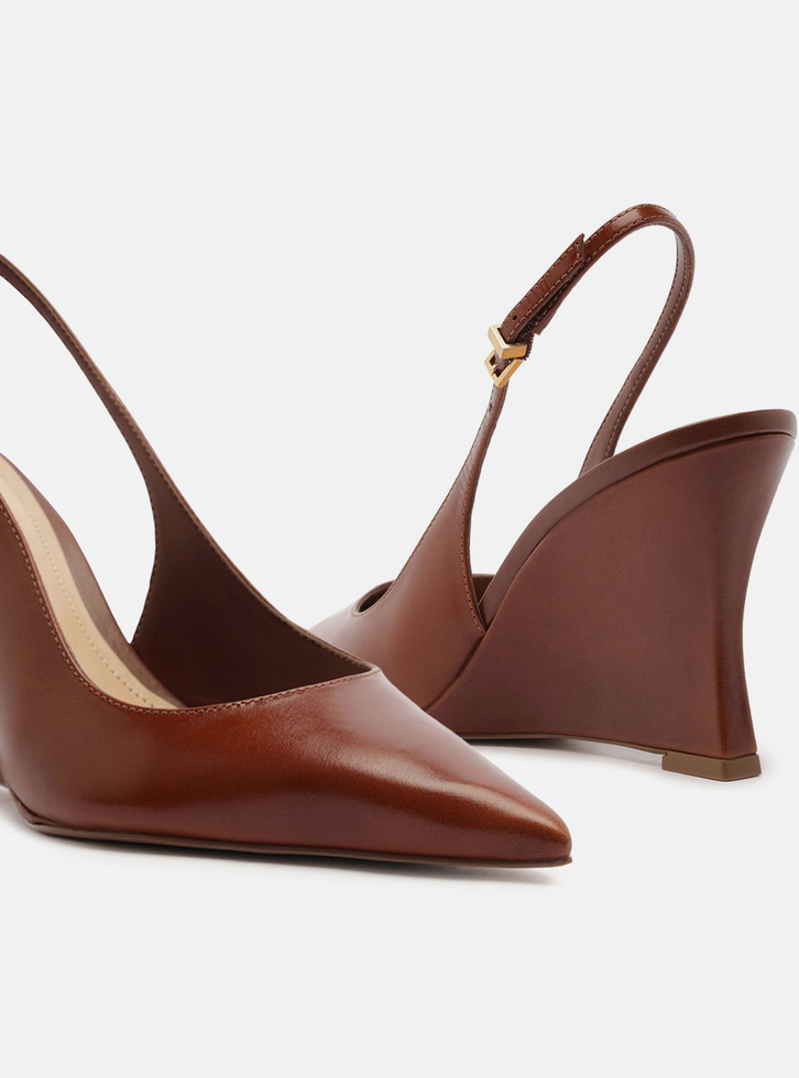 Scarpin Marrom Couro Salto Alto Anabela Slingback