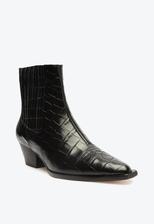 Bota Western Briani Salto Bloco Baixo Couro Croco Preta