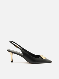 Scarpin Preto Arezzo Couro Bico Quadrado Slingback Flor