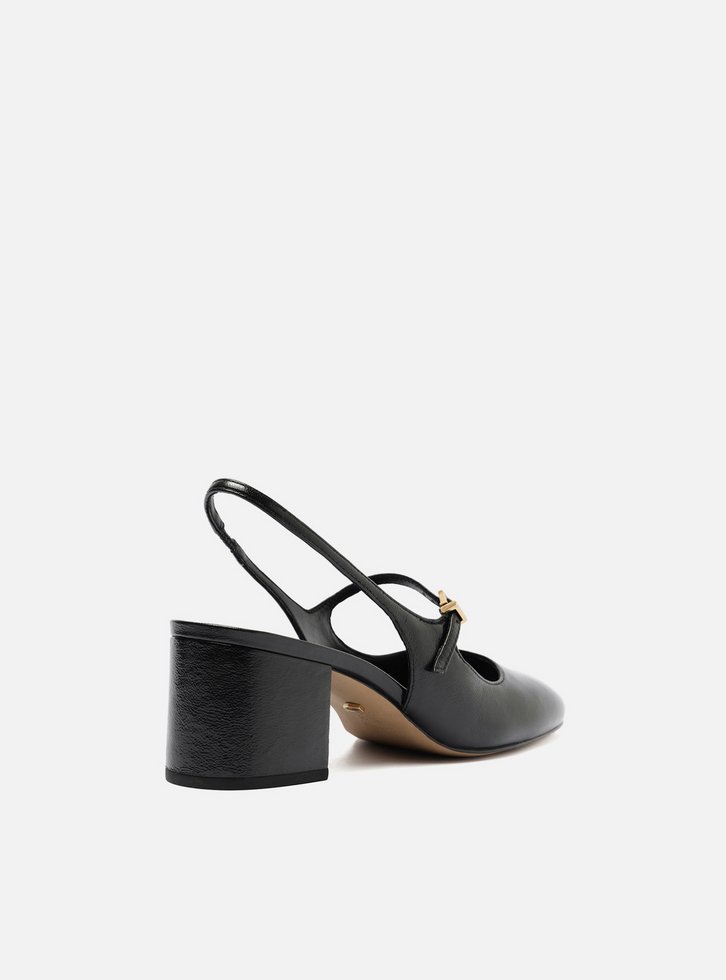 Sapato Boneca Preto Couro Bloco Slingback Classic
