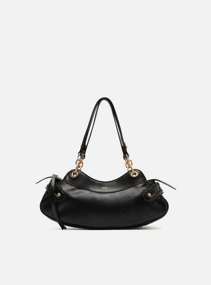 Bolsa Shoulder Preta Couro Média Ilhós