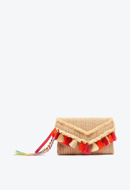 Bolsa de Mão Funcy Ráfia Bege e Rosa