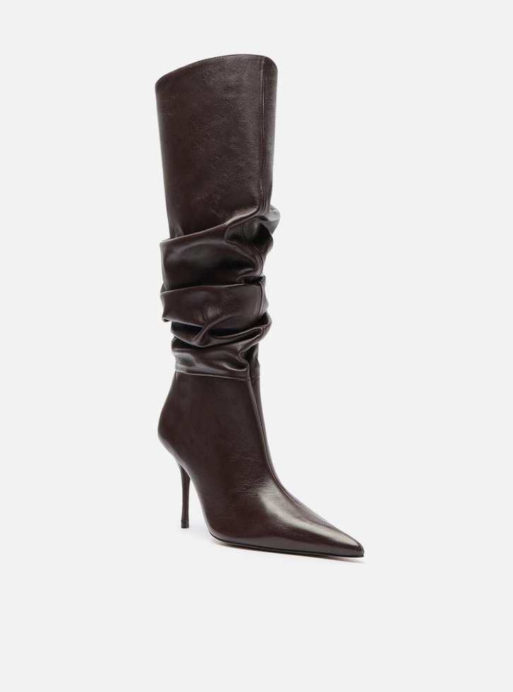 Bota Marrom Couro Cano Longo Salto Alto Slouch