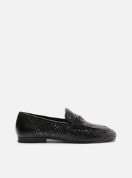Mocassim Preto Couro Bico Redondo Vazado Metal