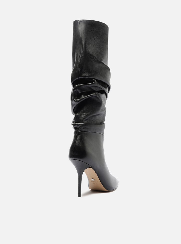 Bota Preta Couro Cano Longo Salto Alto Slouch