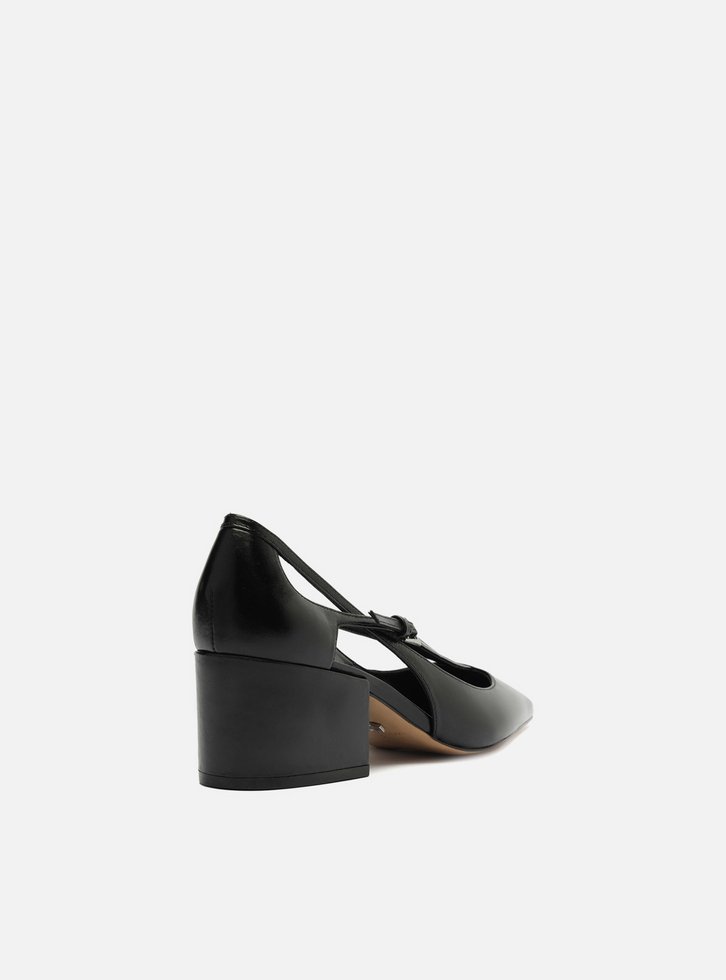 Scarpin Preto Couro Bloco Semi Aberto Tiras