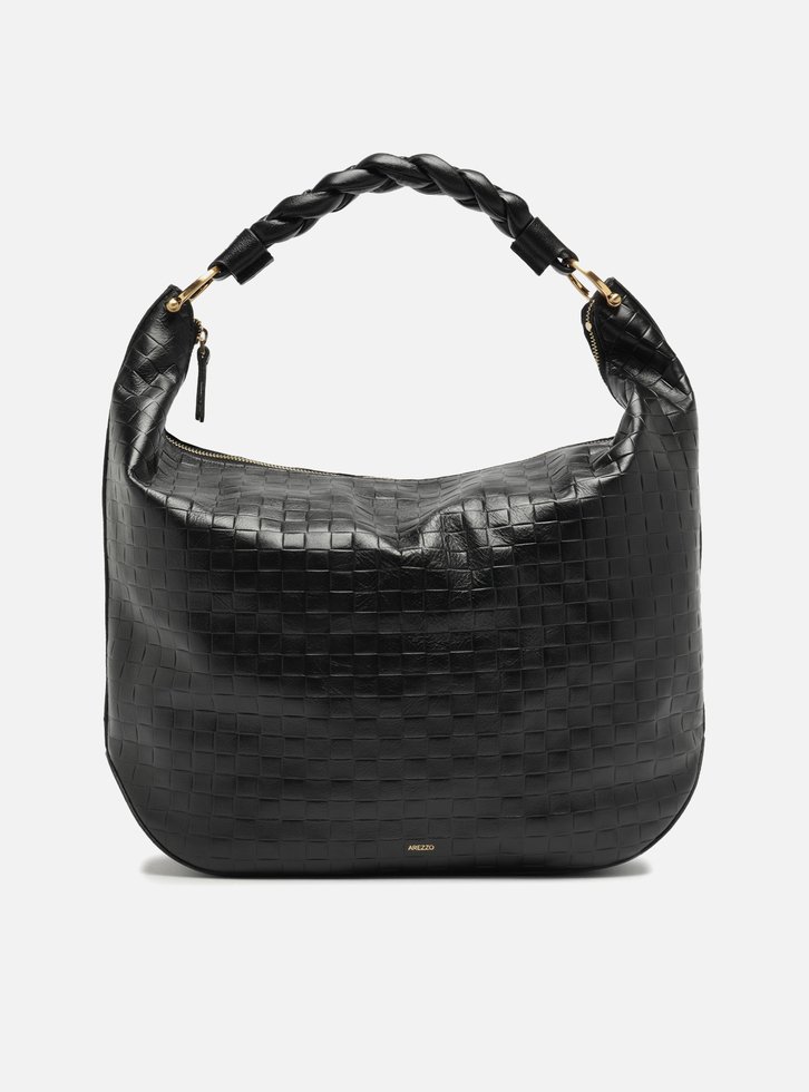 Bolsa Hobo Preta Couro Tressê Grande