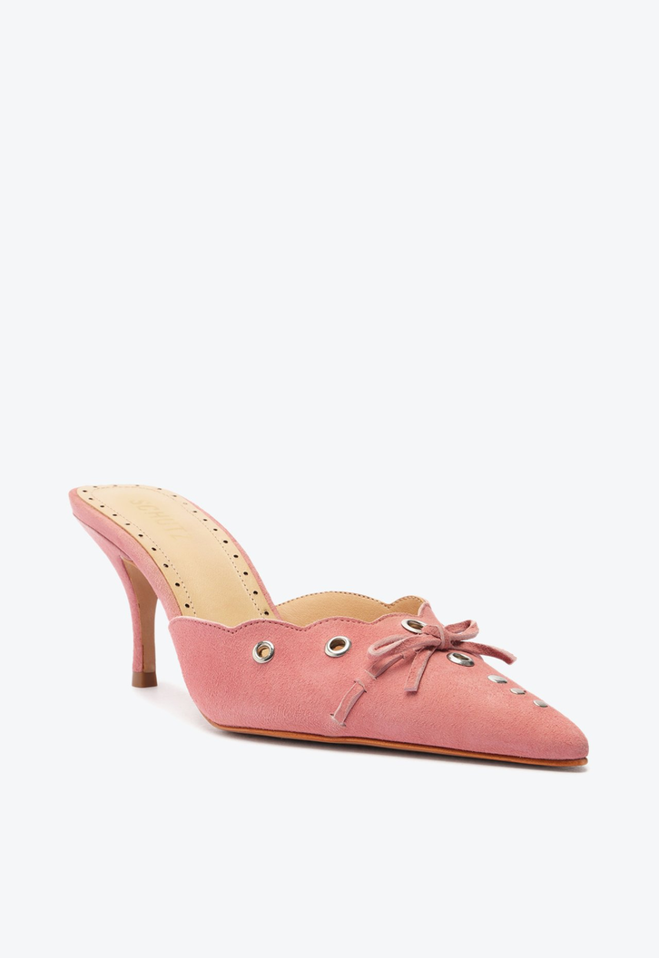 Sapato Mule Rosa Schutz Salto Alto Hilly Camurça