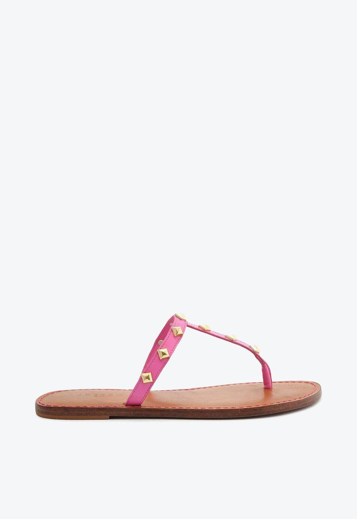 Sandália Rasteira Rosa Arezzo Couro Slim Studs Ella