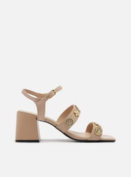Sandália Nude Couro Salto Médio Metais