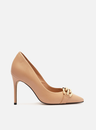 Scarpin Nude Arezzo Couro Salto Alto Bico Fino Metal