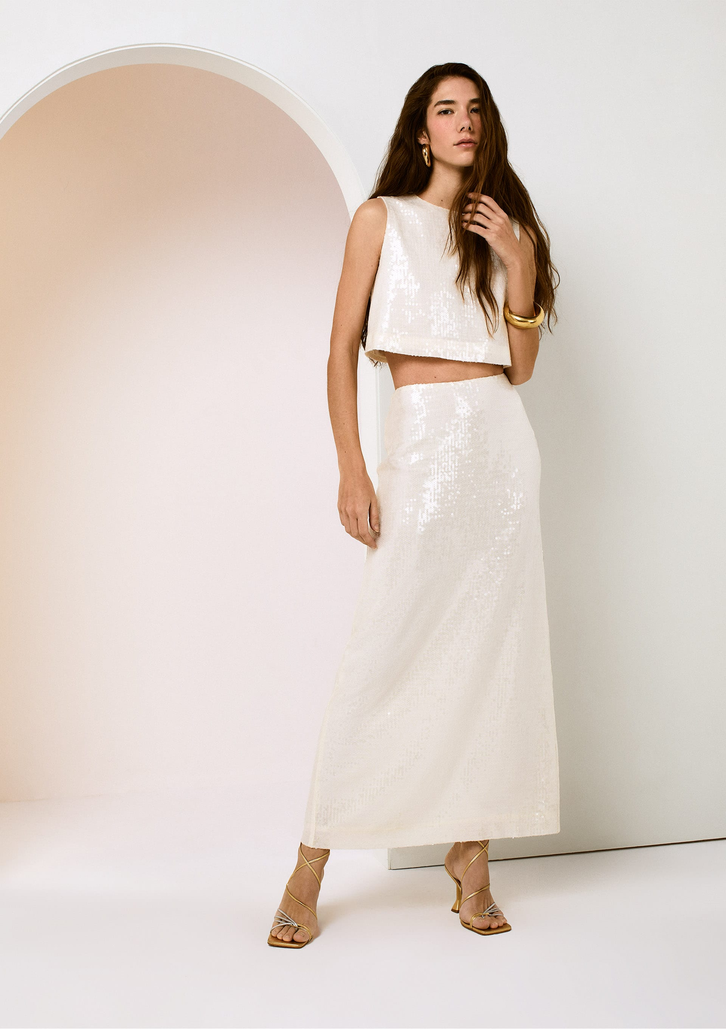 Saia Midi Off White DZARM Reta Em Paetê