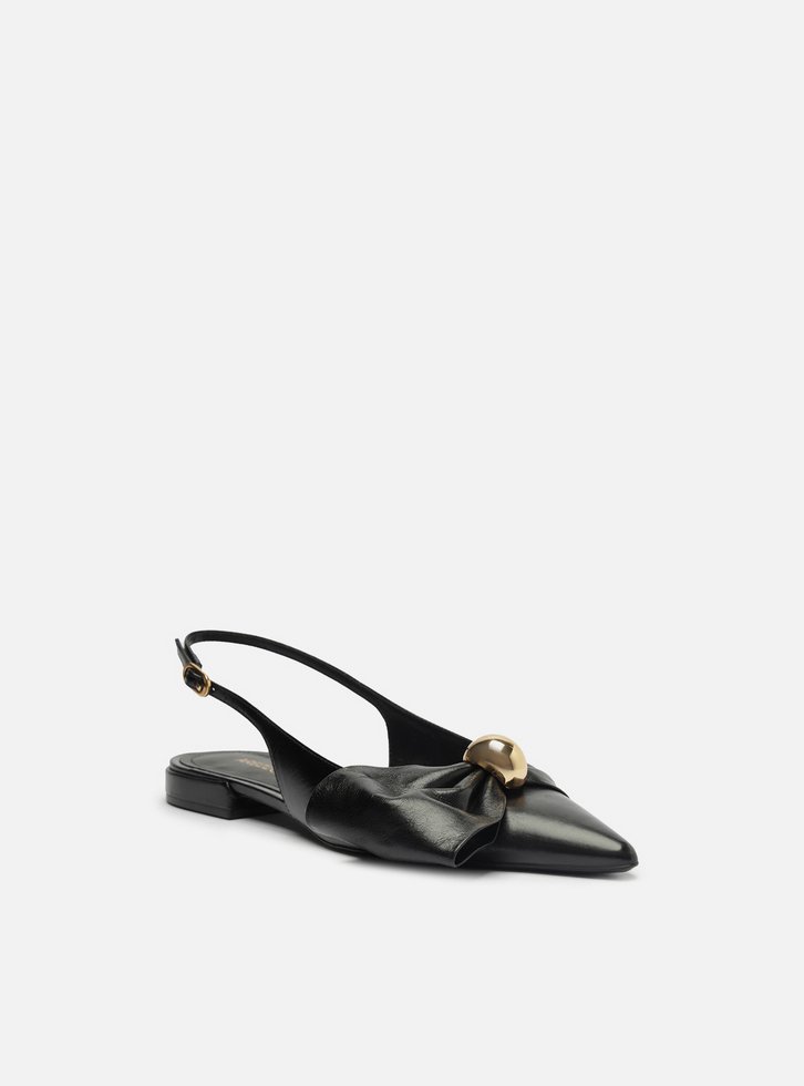 Sapatilha Preta Couro Slingback Laço Metal