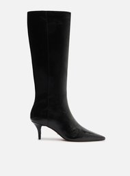 Bota Preta Couro Cano Longo Salto Kitten