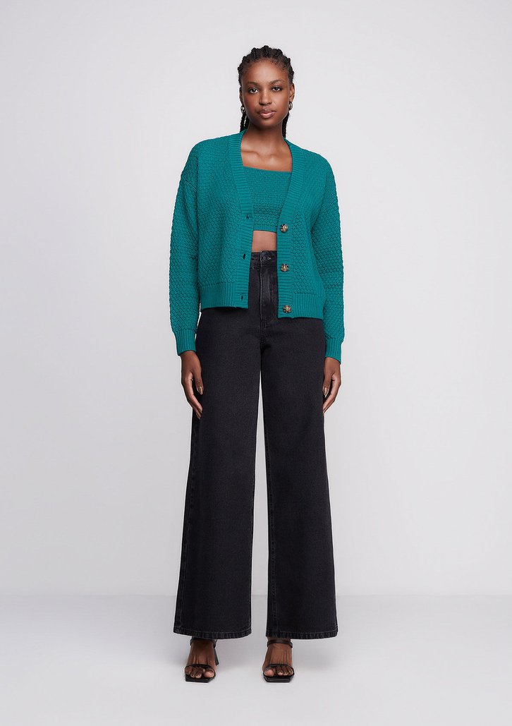 Cardigan Verde Dzarm Alongado Em Tricô e Decote V