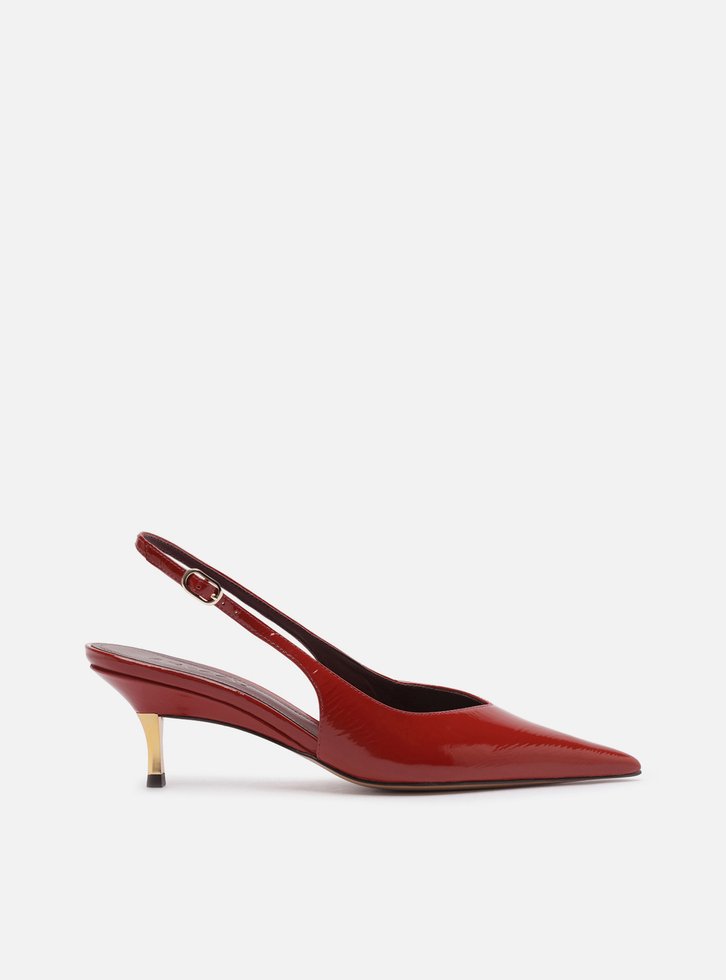Scarpin Vermelho Couro Slingback Salto Médio Dourado