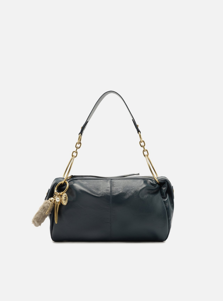 Bolsa Shoulder Azul Couro Média Metais