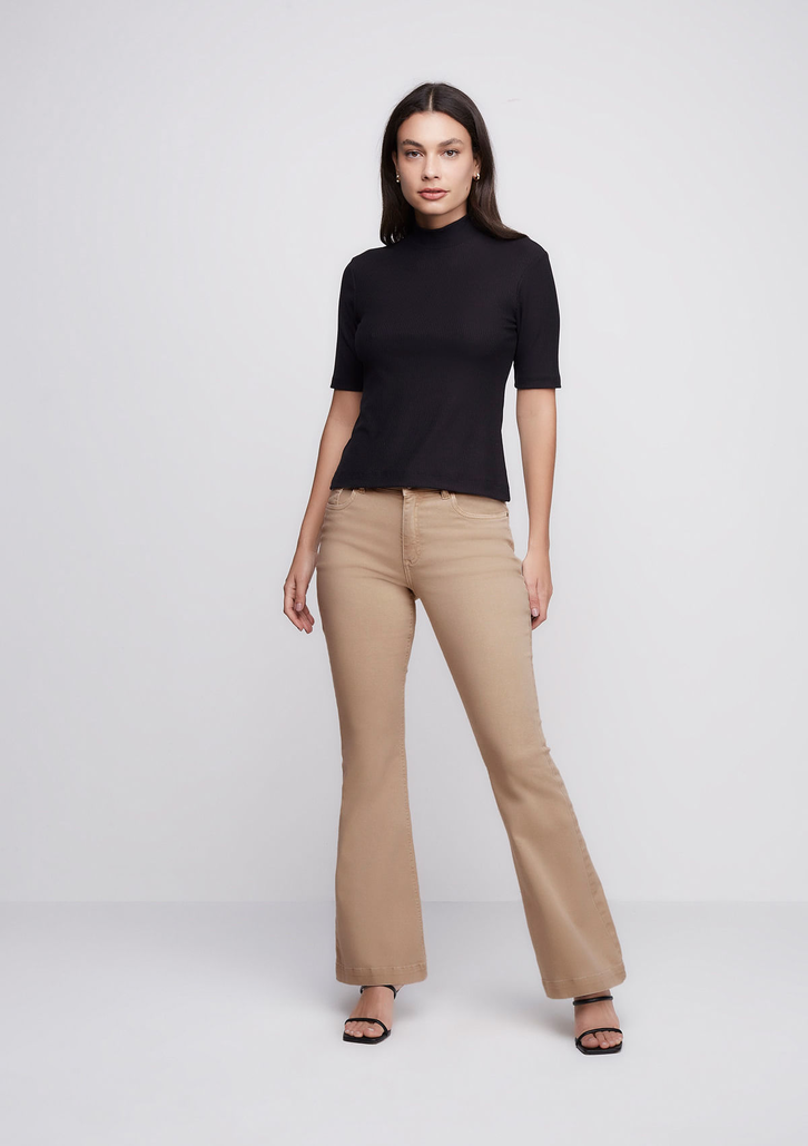 Calça Flare Bege Off White DZARM Slim Cintura Média