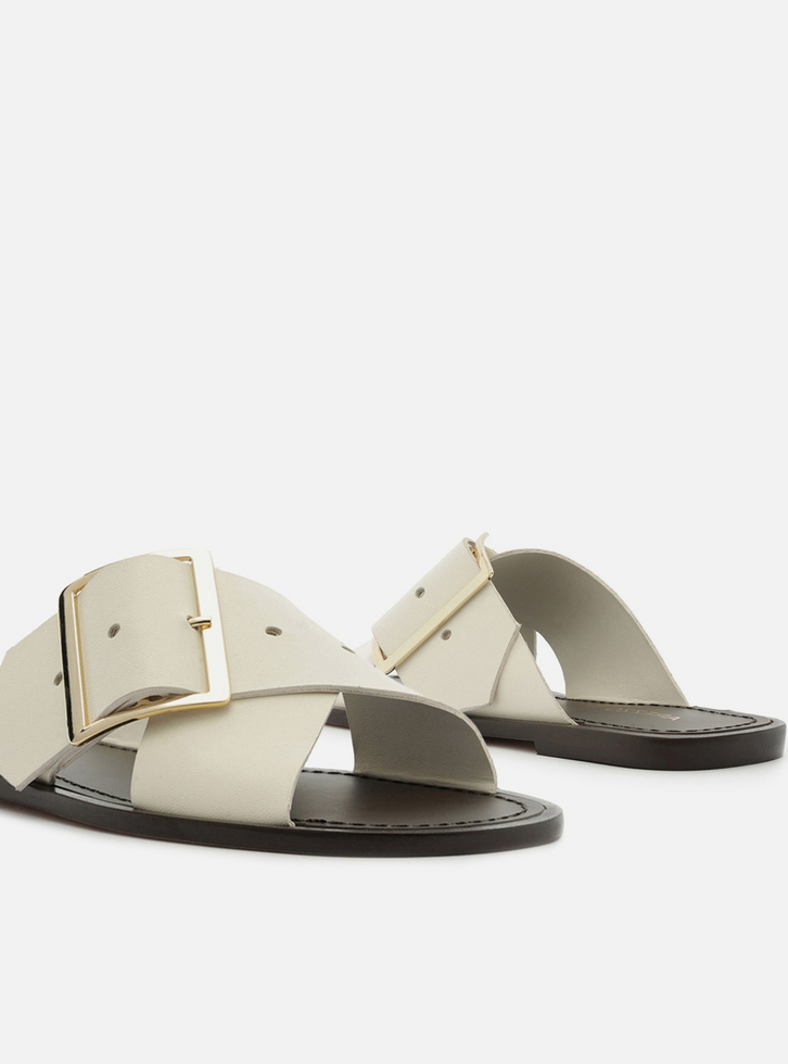 Rasteira Branca Couro Tiras Cruzadas Fivela