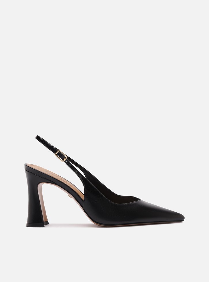 Scarpin Preto Couro Salto Alto Flare Slingback