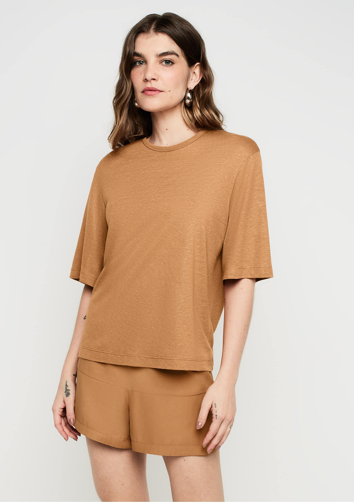Blusa Marrom Dzarm Manga Ampla Decote Redondo