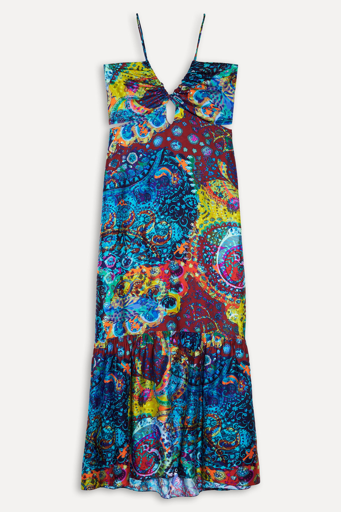 Vestido Azul Reversa Estampado Longo Paisley