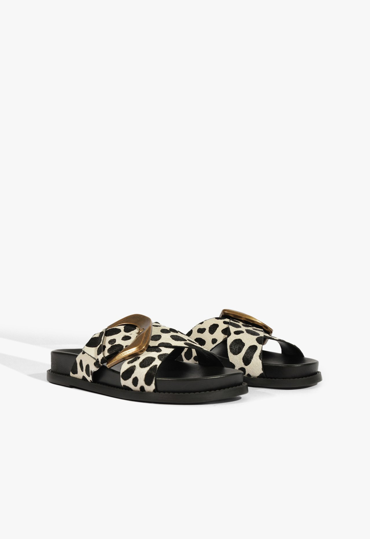 Sandália Papete Couro Fivela Preta Animal Print Branca