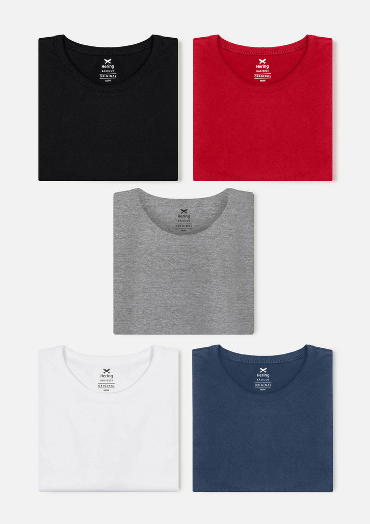 Kit Com 5 Camisetas Multicoloridas Hering Básicas Slim