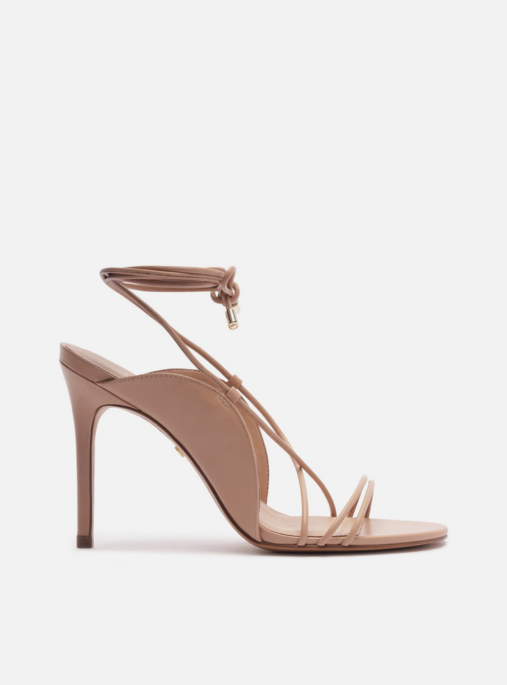 Sandália Bege Salto Alto Tiras Finas Amarração