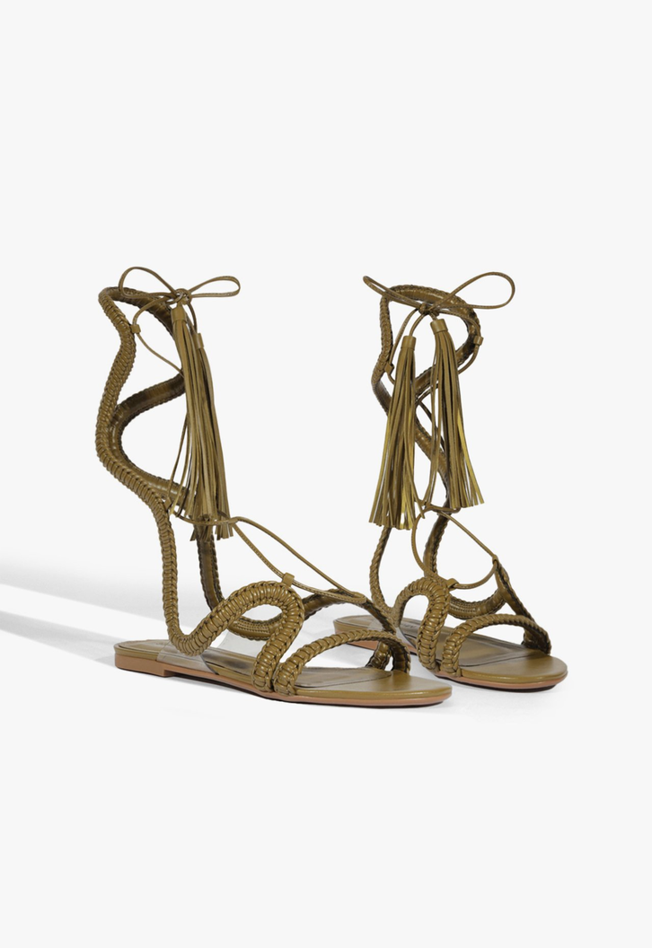 Sandália Rasteira Lace Couro Verde Militar