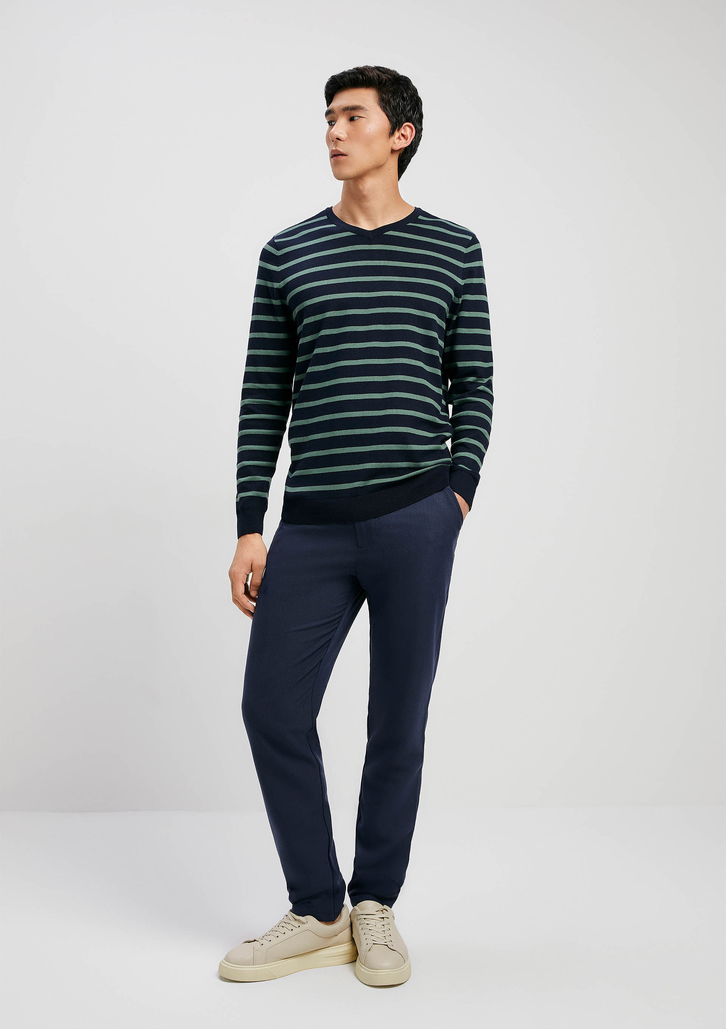 Suéter Azul Hering Masculino Listrado Gola V Em Tricô