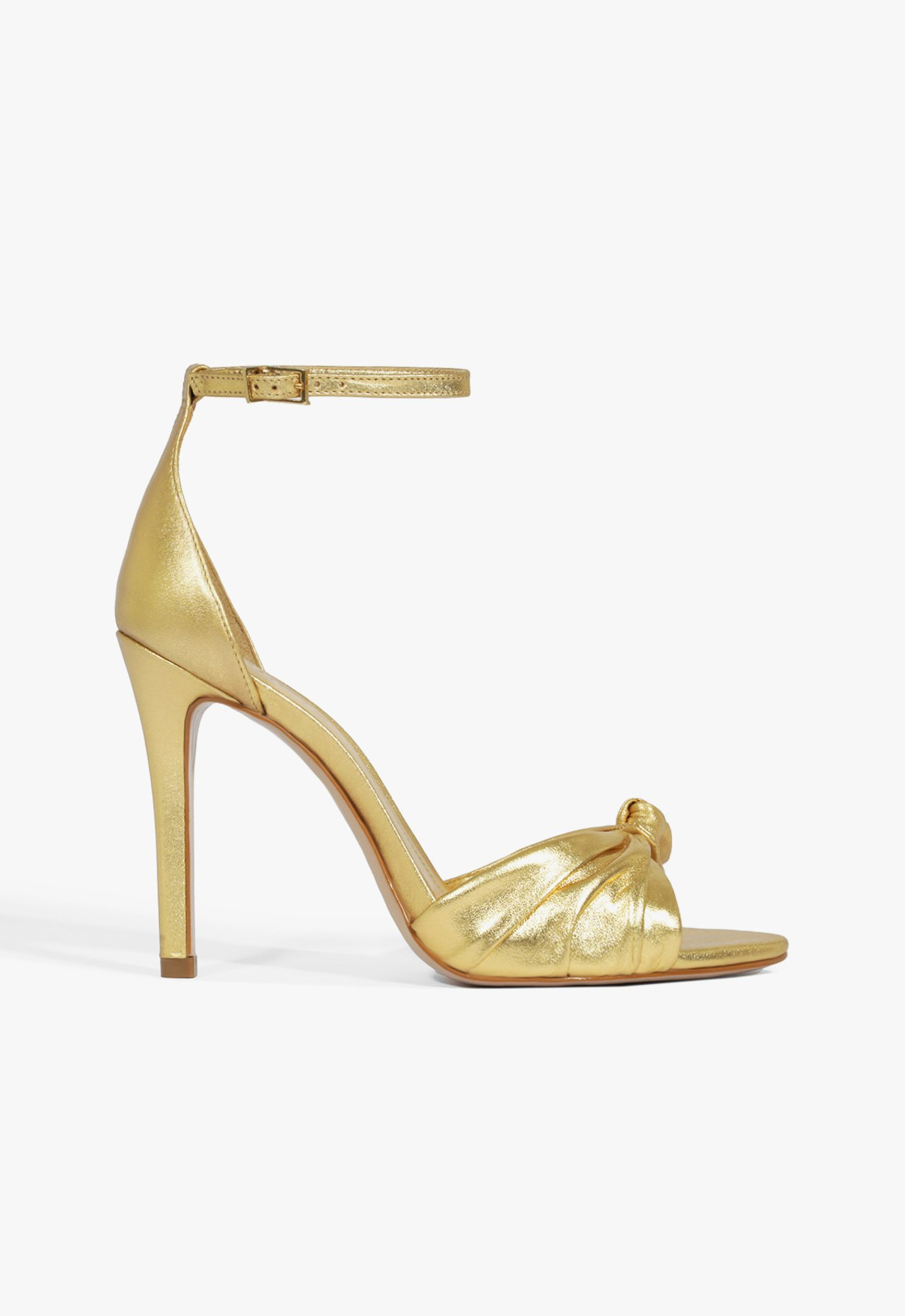 Sandália Schutz Salto Fino Couro Laço Dourada | ZZ MALL