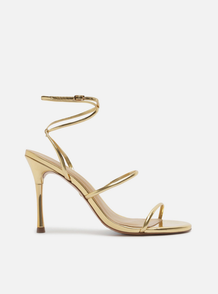 Sandália Dourada Salto Alto Tiras