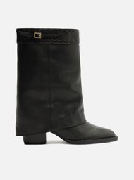 Bota Preta Couro Cano Curto Polaina Folk