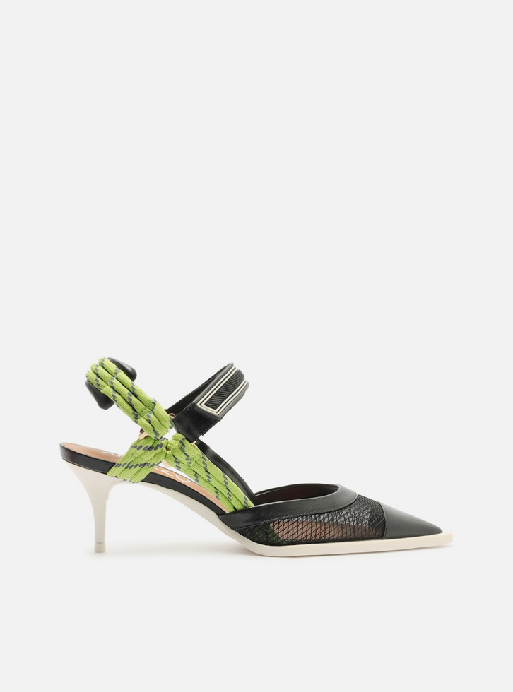 Scarpin Preto Tela Salto Baixo Slingback Cordão