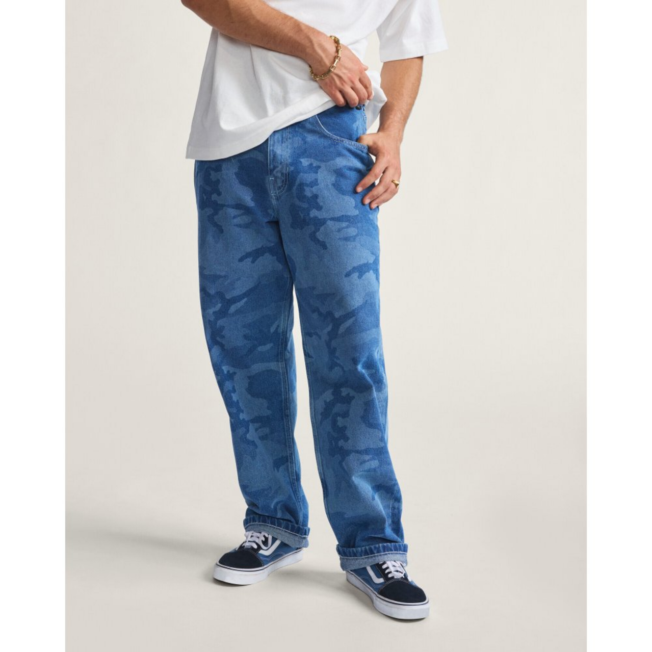 Calça Check-5 Loose Camo Printed Denim Stone Wash Blue | ZZ MALL