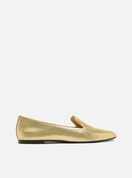 Mocassim Dourado Arezzo Couro Bico Quadrado Costuras