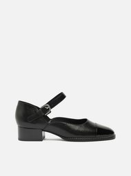 Sapato Boneca Preto Couro Bloco Cap Toe
