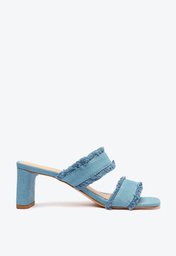 SANDÁLIA MULE AZUL SCHUTZ SALTO MÉDIO JEANS FRANJAS