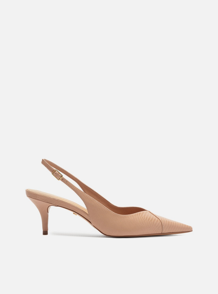 Scarpin Bege Lizard Salto Kitten Slingback