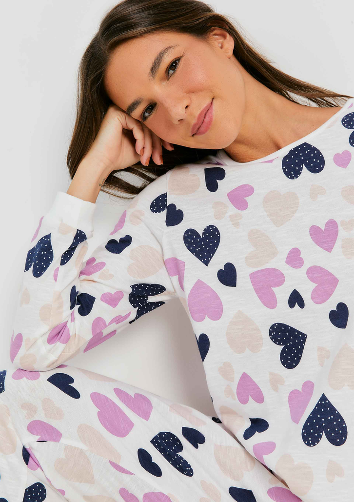 Pijama Azul E Rosa Hering Longo Estampado Em Malha Flamê