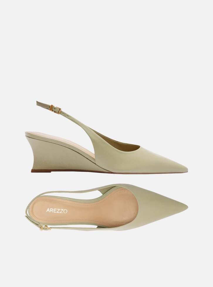 Scarpin Verde Oliva Couro Salto Baixo Anabela Slingback