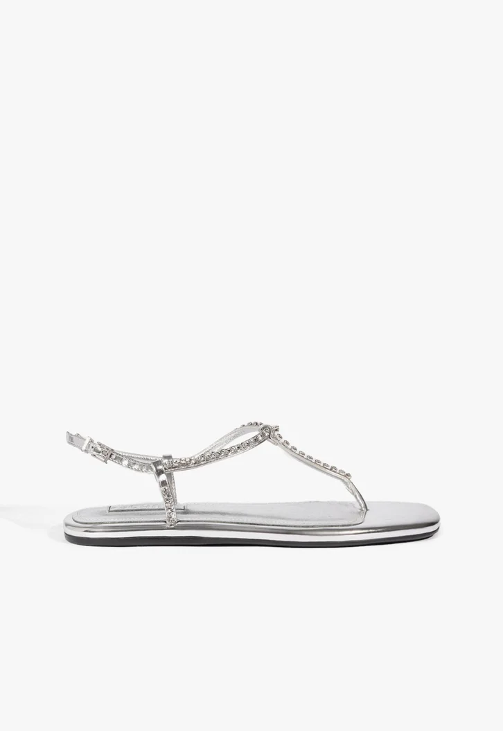 Sandália Rasteira Couro Prateada