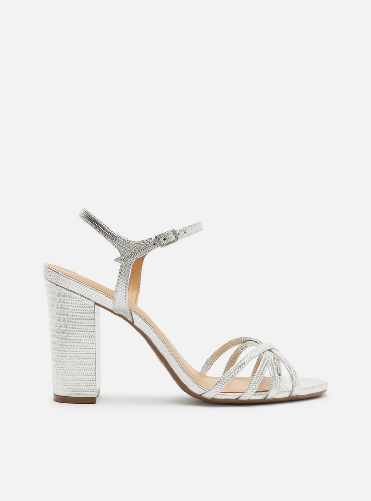 Sandália Prata Salto Alto Bloco Tiras