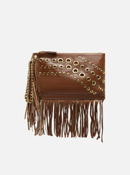 Clutch Marrom Couro Média Franjas Ilhoses