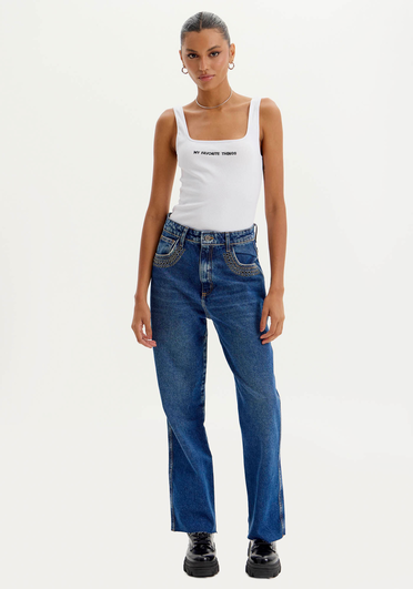 Calça Jeans Azul My Favorite  Reta com Aplicação