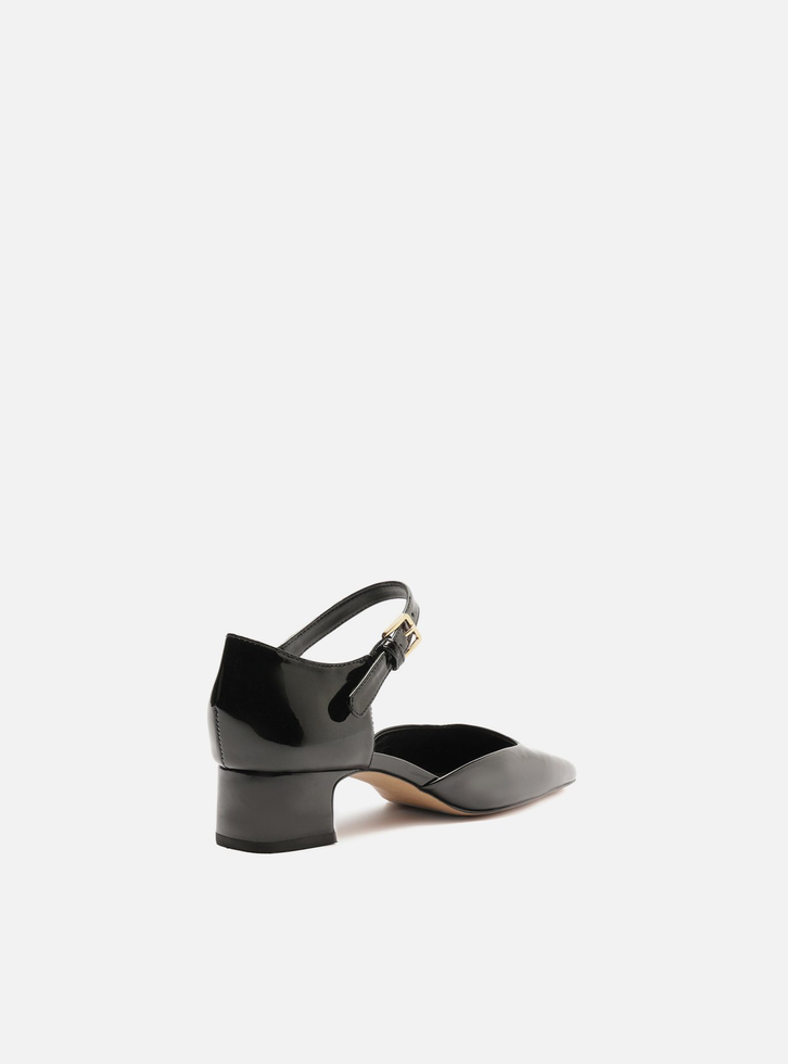 Scarpin Preto Verniz Salto Baixo Bico Quadrado